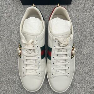 Gucci Ace Studded White Sneakers with Pearl & Green and Red Stripes